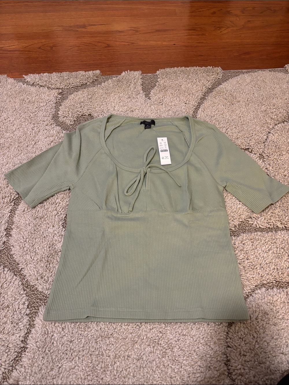 J. Crew Sage Green Ribbed Tie-Neck Short Sleeve Top
